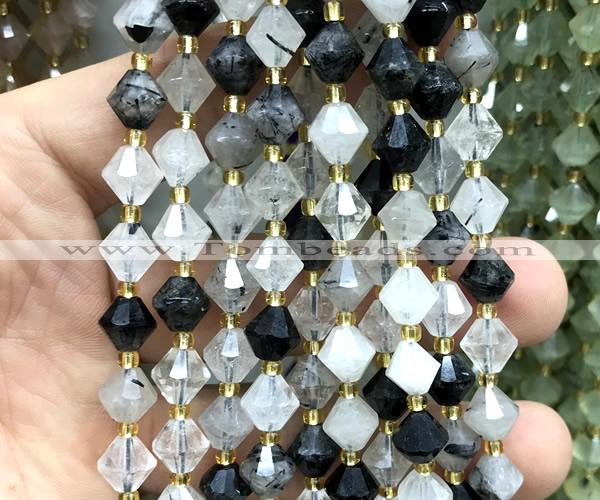 CME456 15 inches 8mm faceted bicone black rutilated quartz beads