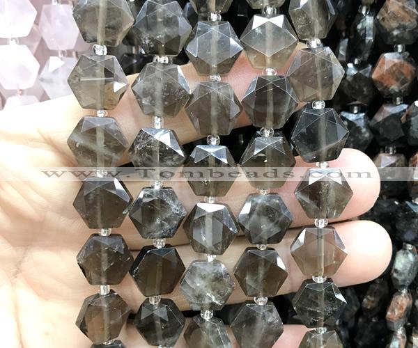 CME753 15 inches 12mm faceted hexagon smoky quartz beads