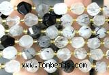 CTW557 8mm faceted & twisted S-shaped black rutilated quartz beads