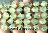 CTW657 10mm faceted & twisted S-shaped green rutilated quartz beads