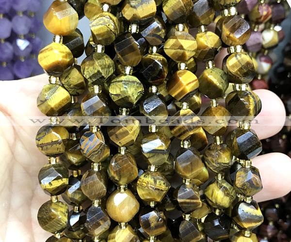 CTW664 10mm faceted & twisted S-shaped yellow tiger eye beads