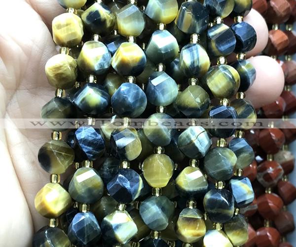 CTW667 10mm faceted & twisted S-shaped golden & blue tiger eye beads