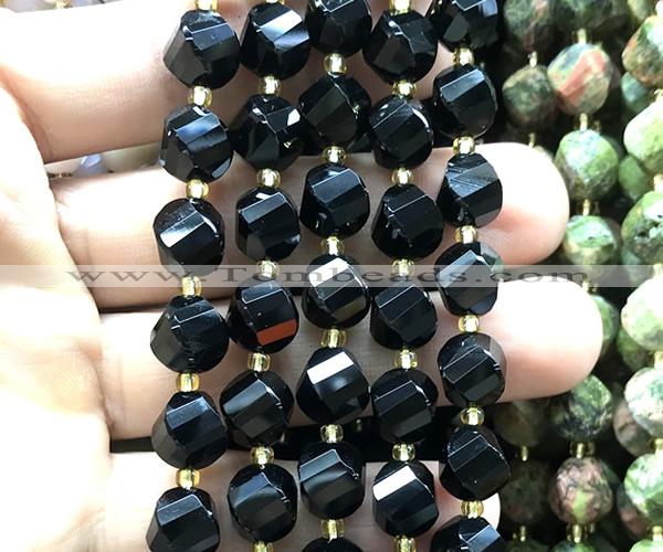 CTW685 15 inches 10mm faceted & twisted S-shaped black onyx beads