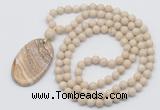 GMN5164 Hand-knotted 8mm, 10mm white fossil jasper 108 beads mala necklace with pendant